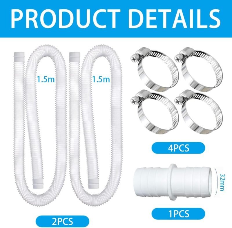 Tubo Piscina 32mm,2pcs Tubo Piscina 150CM,Repuesto Manguera de Bomba Piscina para Piscinas Elevadas, con 4 Abrazaderas de Metal - Imagen 2
