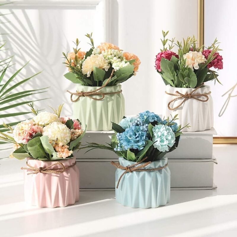 Plantas de Flores Artificiales - Mini Flores de hortensias Falsas en Maceta para decoración del hogar Fiesta Boda Oficina Mesa Decoración de Escritorio, 4 Piezas - Imagen 4