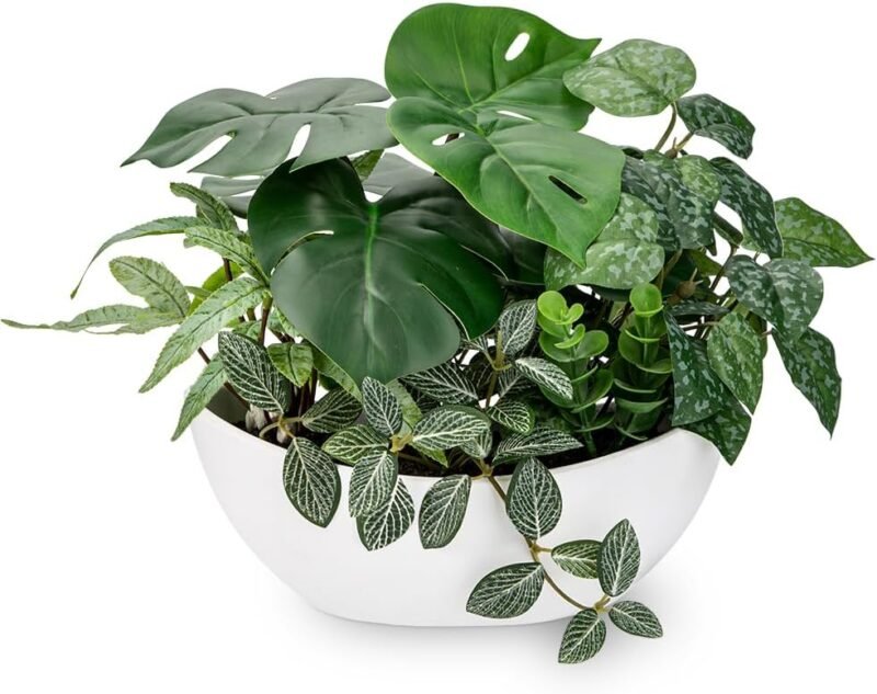 Hollyone Plantas artificiales mixtas de 30 cm en maceta blanca, plantas falsas decorativas con maceta de barco, plantas artificiales de interior para decoración del hogar, dormitorio, baño, cocina,