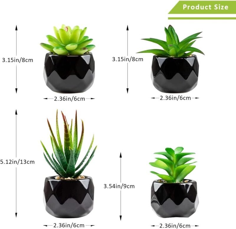 Plantas suculentas artificiales en maceta para interiores, juego de 4 pequeñas plantas falsas en maceta de cerámica negra, hogar, oficina - Imagen 2