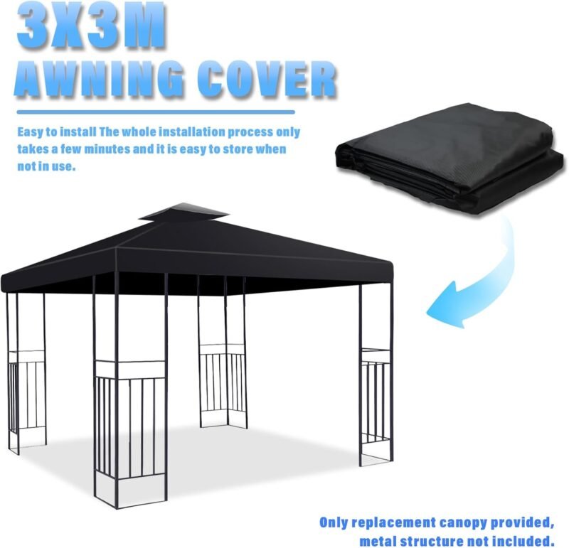 MaxEarn Cubierta de repuesto para toldo, cubierta impermeable de 3 x 3 m, cubierta de doble piso, cubierta de cenador de jardín al aire libre, techo negro anti-UV, refugios de toldo de patio, solo - Imagen 3
