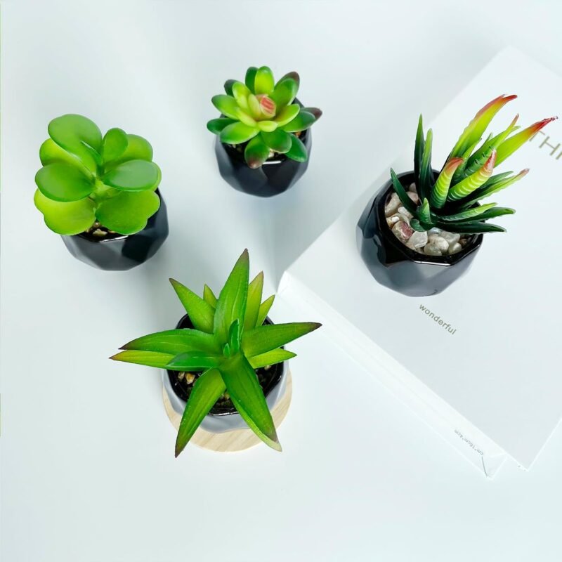 Plantas suculentas artificiales en maceta para interiores, juego de 4 pequeñas plantas falsas en maceta de cerámica negra, hogar, oficina - Imagen 6