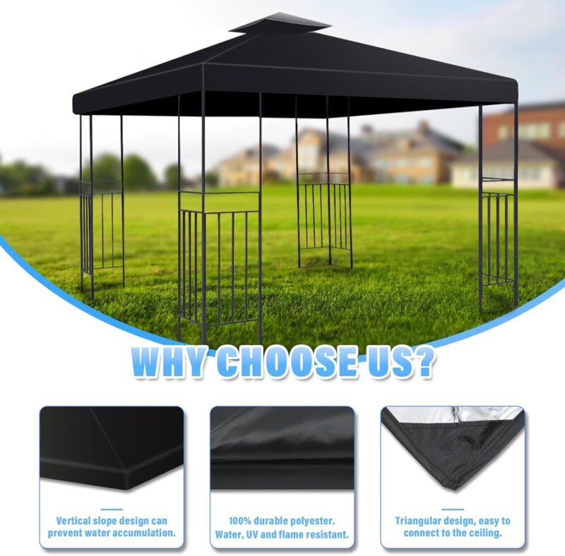 MaxEarn Cubierta de repuesto para toldo, cubierta impermeable de 3 x 3 m, cubierta de doble piso, cubierta de cenador de jardín al aire libre, techo negro anti-UV, refugios de toldo de patio, solo - Imagen 5