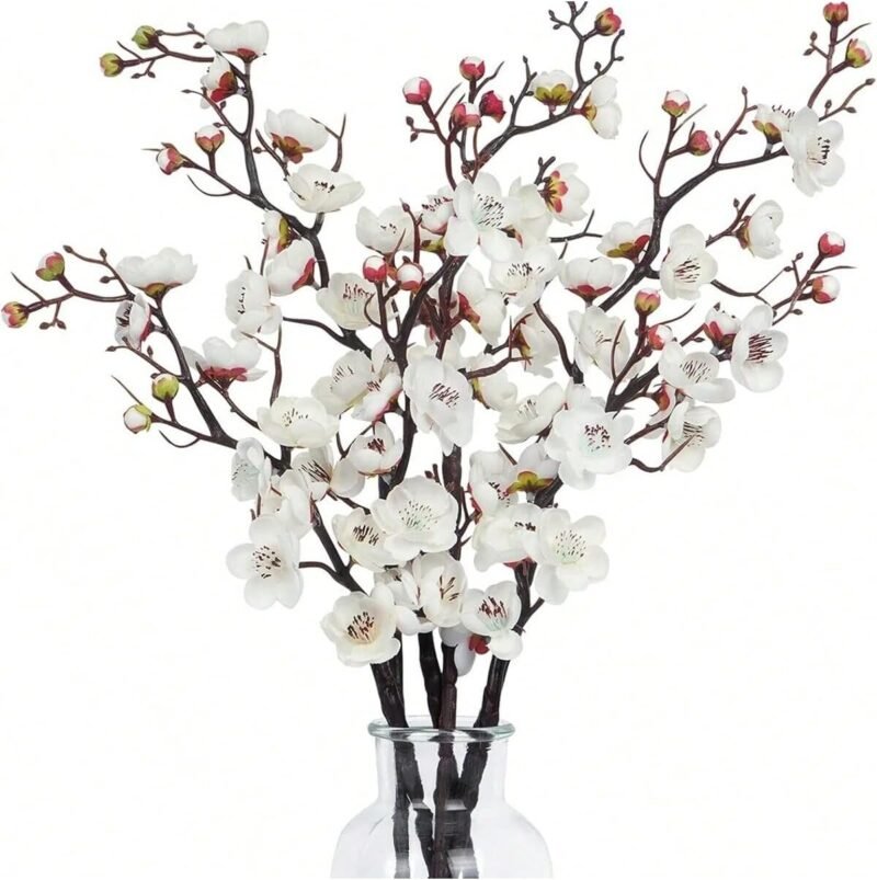 Flores 3 Unidades de 50 cm Flores Artificiales de Cerezo, Plantas Artificiales Decorativas, Flores Artificiales Decoracion para Hogar, Bodas, Fiestas, Oficinas, Balcones y Jardines (Blanco)