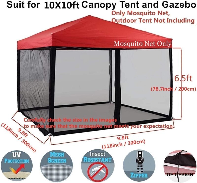 PCAFRS Mosquitera con Cremallera para Exteriores, mosquitera de Camping, Pared de toldo de Bricolaje, mosquitera para Exteriores para cenador de Patio de 10 x 10 pies y Tienda de campaña (Solo - Imagen 3