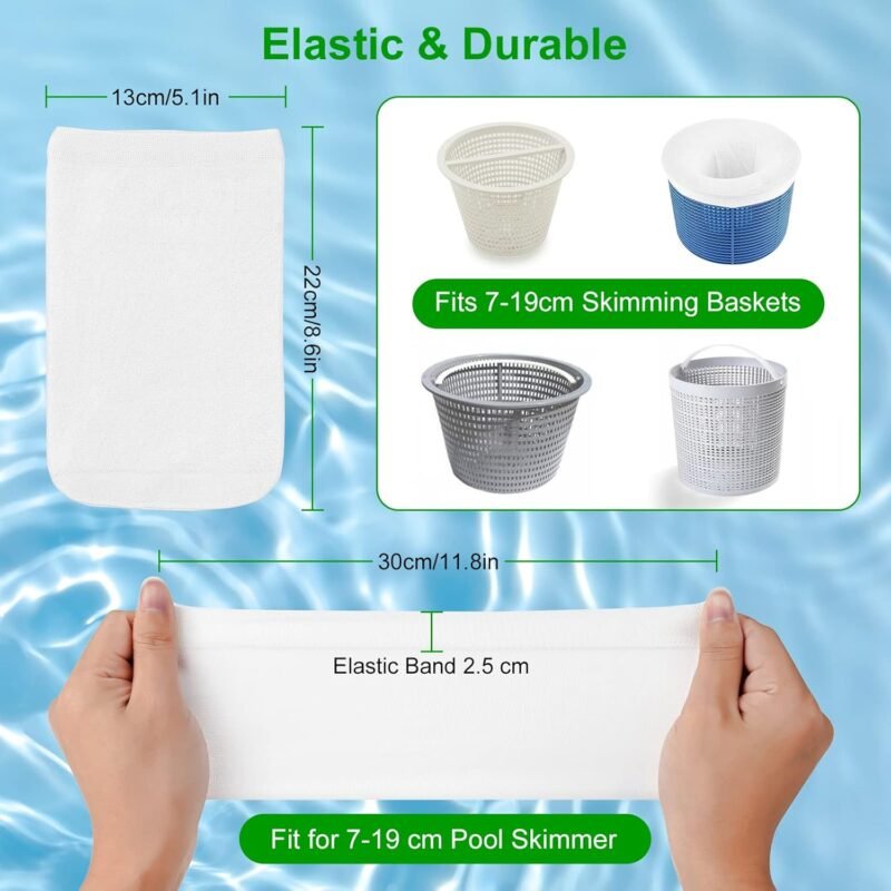 Flintronic 22PCS Calcetines Skimmer Piscina, Filtros de Skimmer, Calcetines Reutilizables de Malla de Nailon para Filtro de Piscina,con Papel de Prueba de PH, para Capturar Hojas,Cabello,Basura-Blanco - Imagen 2