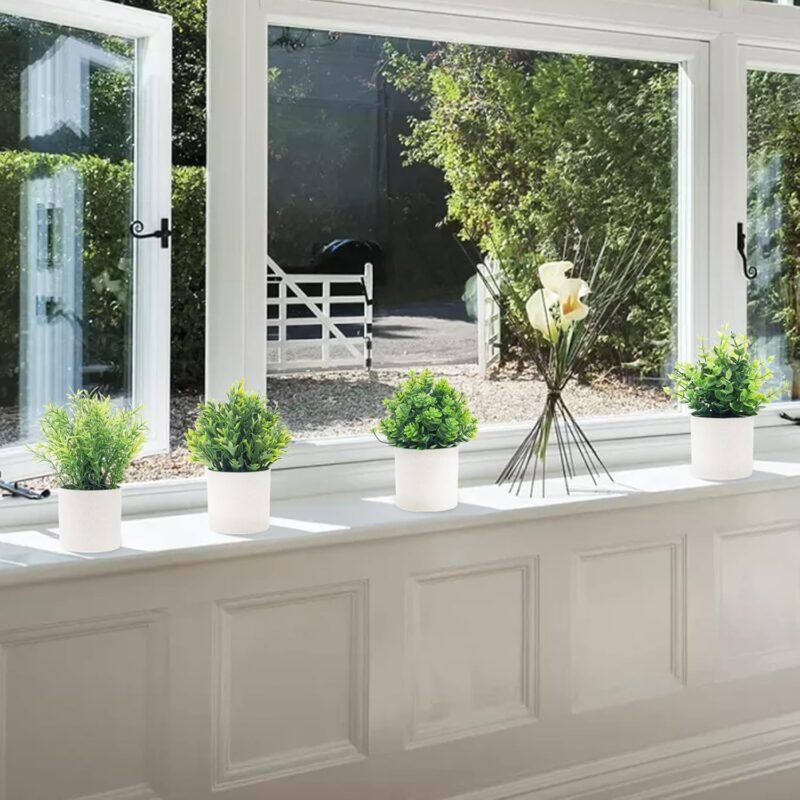 Quancru 4 Piezas Planta Artificial en Maceta Eucalipto Falso Romero Helechos Flocked Greenery Flor Decoración para el hogar Bonsai DIY Oficina Mesa - Imagen 7