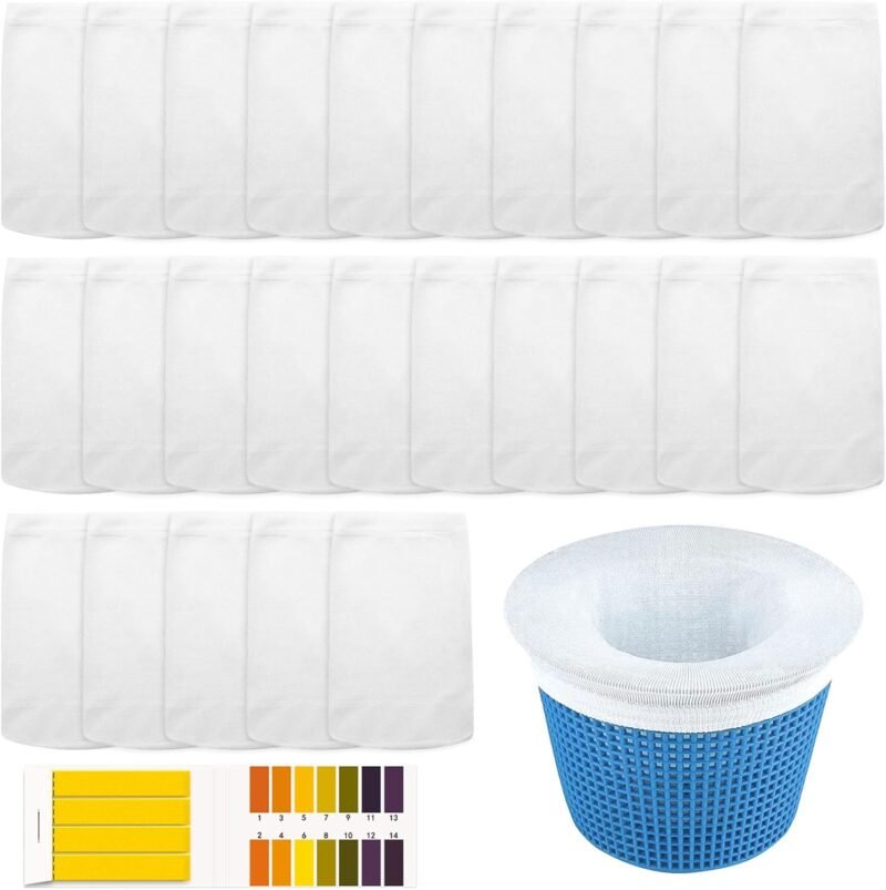 ZOCONE 40PCS Blanco Calcetines Skimmer Piscina Filtro Reutilizables Calcetines Skimmer Universal con Papel de Prueba de PH Calcetines para Cesta Piscina Bolsas para Filtros para Capturar Hojas Cabello