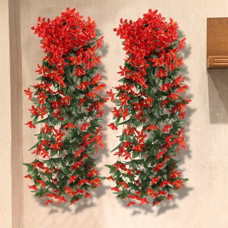 GGISUI 2 pcs Flores Artificiales Decorativas Lirio Flores de Seda Plantas Artificiales Colgantes Decorativas para Balcón Jardín Exterior decoración de la Pared Rojo