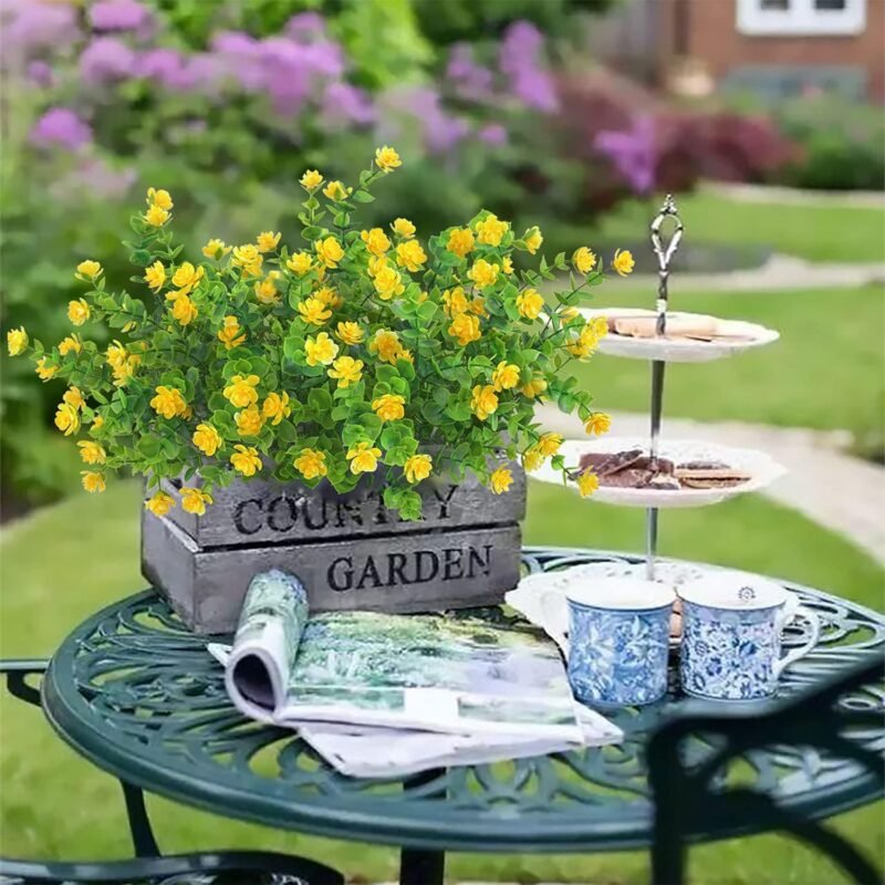 TSHAOUN 5 Piezas Flores Artificiales Flor Falsas,Arbustos Verdes Resistentes a Los Rayos UV Plantas para Colgar en Interiores y Exteriores,para Casa Jardín Ventana Fiesta Boda Decoración (Amarillo) - Imagen 7