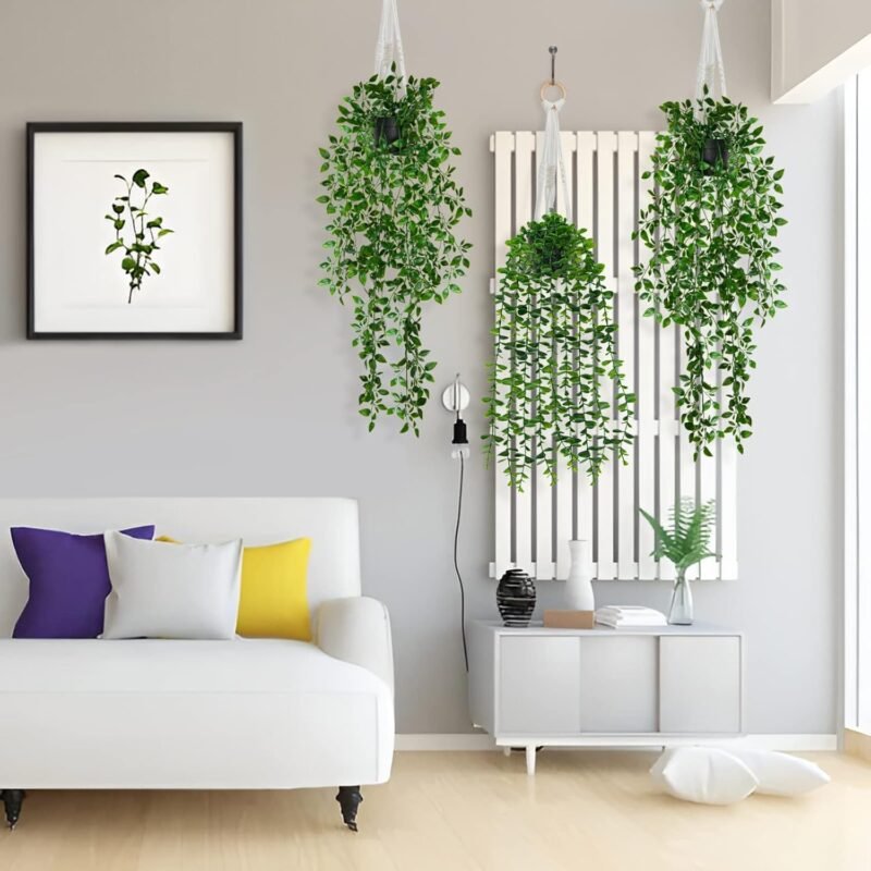 Elecoutek Plantas Artificiales Colgantes en Maceta, 3Pcs Verdes Falsa Planta Interior Vid hasta 80 cm de Largo Plástico Plantas Decorativas para Sala de Estar Balcón Jardín Cocina - Imagen 5