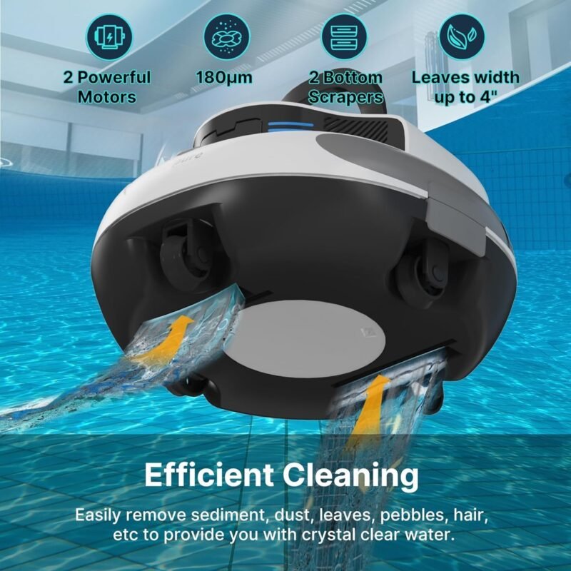 POOLPURE Robot de Piscina Dura 𝟱𝟱𝙒𝙝-𝟭𝟮𝟬 𝙢𝙞𝙣𝙪𝙩𝙤𝙨, Autoservicio, Doble Motor, IPX8 Resistente al Agua, Indicadores LED, inalámbrico con batería, Ideal para Piscinas Planas de hasta 90 m² - Imagen 4