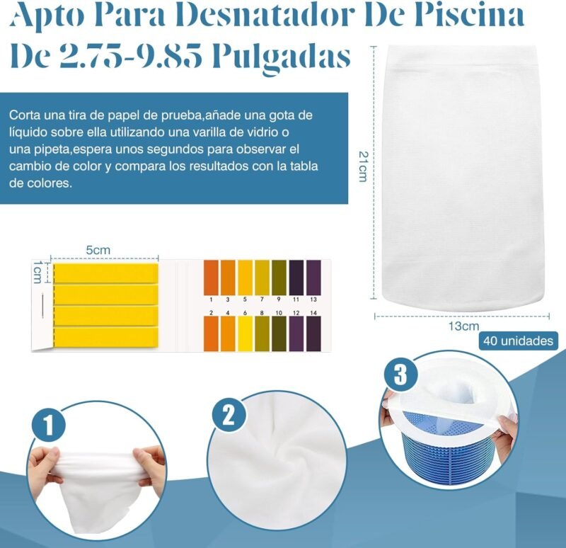 ZOCONE 40PCS Blanco Calcetines Skimmer Piscina Filtro Reutilizables Calcetines Skimmer Universal con Papel de Prueba de PH Calcetines para Cesta Piscina Bolsas para Filtros para Capturar Hojas Cabello - Imagen 2