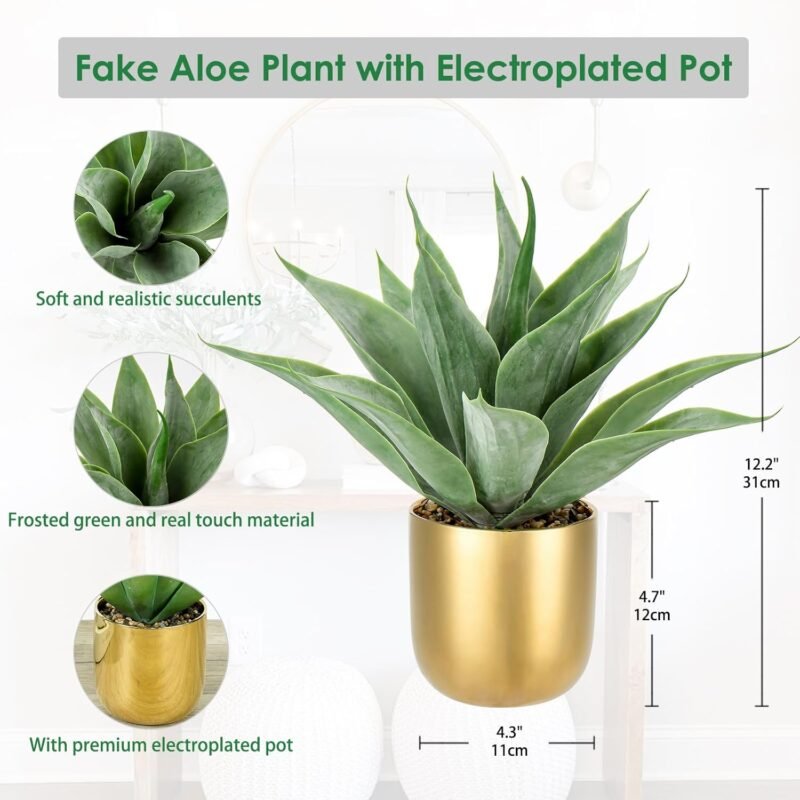 33 cm de aloe vera artificial, grande, maceta artificial, aloe artificial en maceta dorada, plantas artificiales de plástico, decoración para salón, balcón, dormitorio, baño, habitación, decoración de - Imagen 2