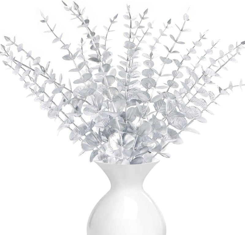 LWAIX Hojas de Eucalipto Artificial Tallos Artificiales de Eucalipto 20pcs Ramas Artificiales Eucalipto para Decoración de Hogar Oficina Bodas (20, Plata)