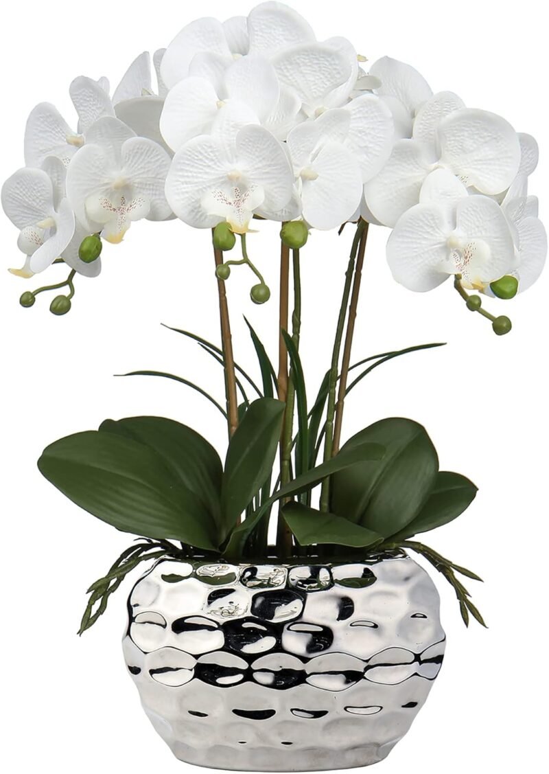 Oairse Planta Artificial orquídeas Decorativas como Flores Reales Ligero Maceta de cerámica decoración de Mesa alféizar de Ventana Altura 44 cm Blanco