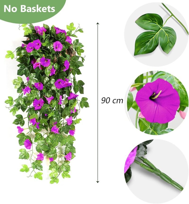 NIBESSER Flores Colgantes Artificiales Decoracion 2 Piezas Gloria de La Mañana Artificiales Decorativas 90 cm Plantas Artificiales Exterior para Pared Jardín Balcón Patio Boda, Fucsia Morado - Imagen 2