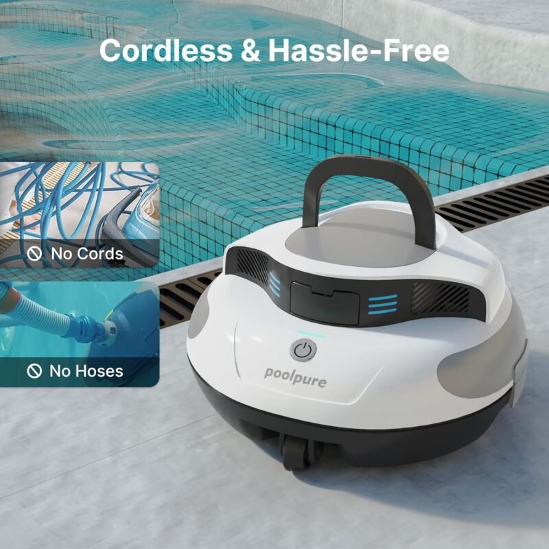 POOLPURE Robot de Piscina Dura 𝟱𝟱𝙒𝙝-𝟭𝟮𝟬 𝙢𝙞𝙣𝙪𝙩𝙤𝙨, Autoservicio, Doble Motor, IPX8 Resistente al Agua, Indicadores LED, inalámbrico con batería, Ideal para Piscinas Planas de hasta 90 m² - Imagen 8
