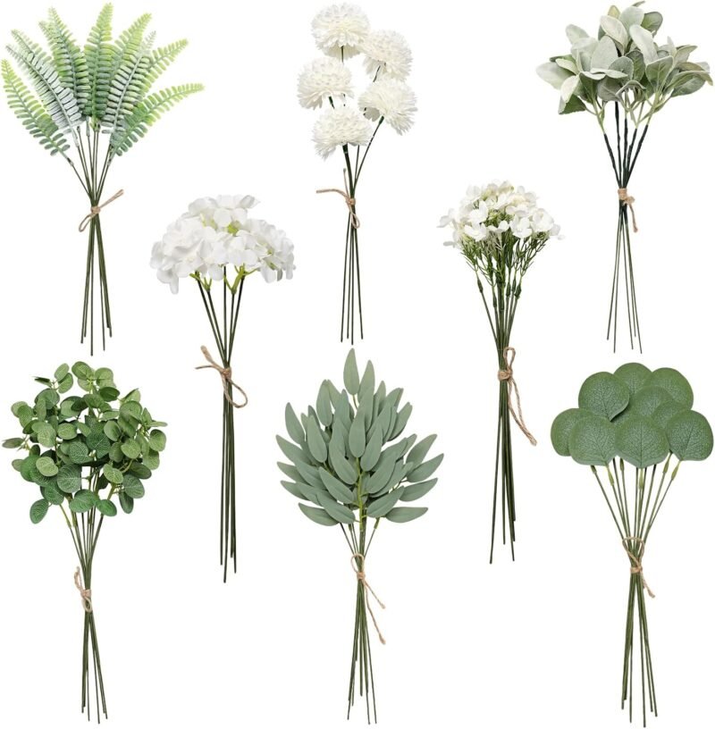 Betylifoy Ramas de Eucalipto Artificial 65pcs con 8 Tipos de Plantas Falsas Ramas de Eucalipto Artificial para Boda DIY Ramo Centro de Mesa Arreglo Floral Decoración (65)