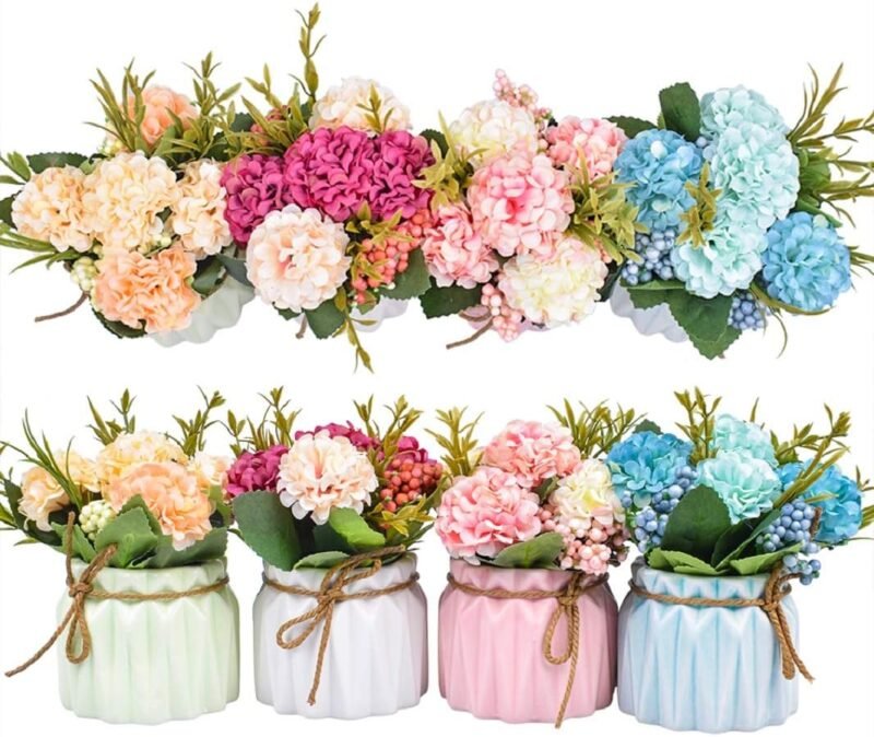 Plantas de Flores Artificiales - Mini Flores de hortensias Falsas en Maceta para decoración del hogar Fiesta Boda Oficina Mesa Decoración de Escritorio, 4 Piezas