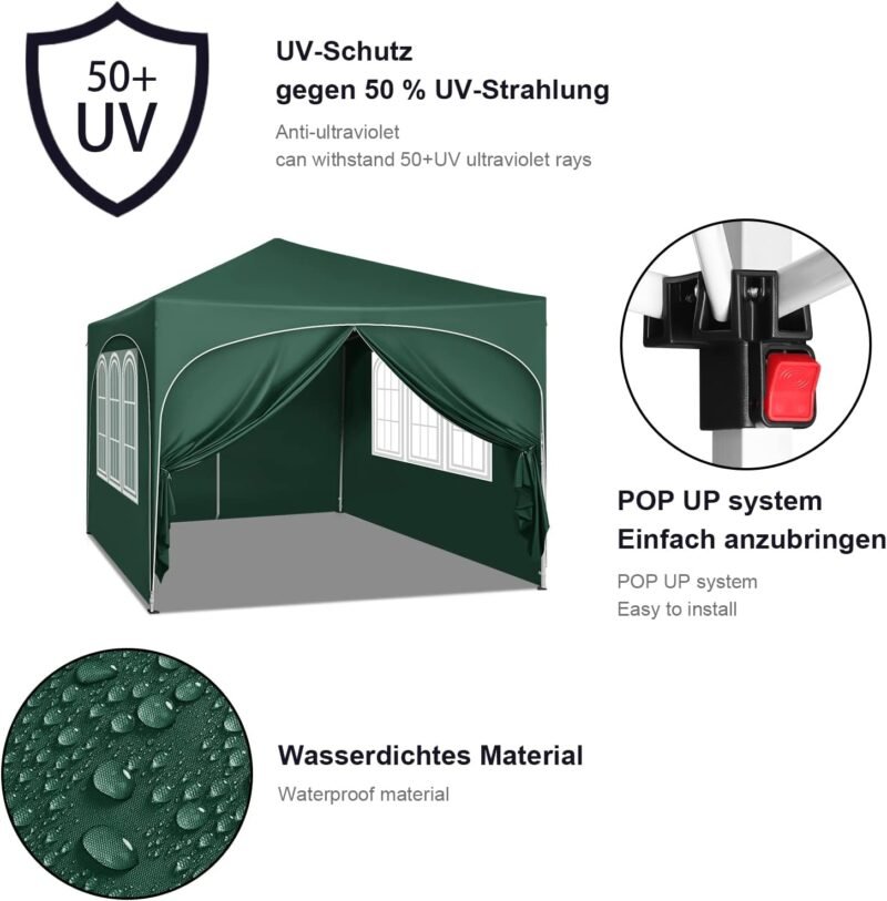 WOLTU Pabellón de Jardín Cenador Plegable Pérgola con Techo Carpa para Exteriores de Tela Oxford, 3x3 m, con Paredes Laterales Altura Ajustable para Camping y Playa,Verde - Imagen 5
