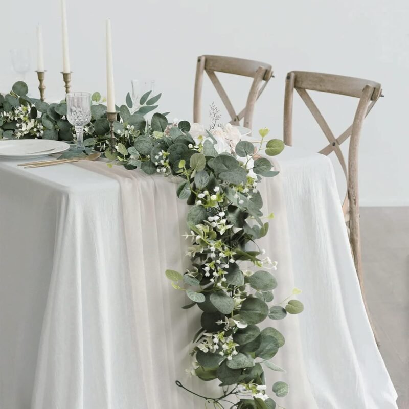 SOMYTING 2pcs Guirnaldas Artificiales de Eucalipto con Hojas de Sauce Hojas Verdes Guirnalda de Flores Blancas Planta Artificial para Decoración de Fondo Boda Camino de Mesa Central - Imagen 3