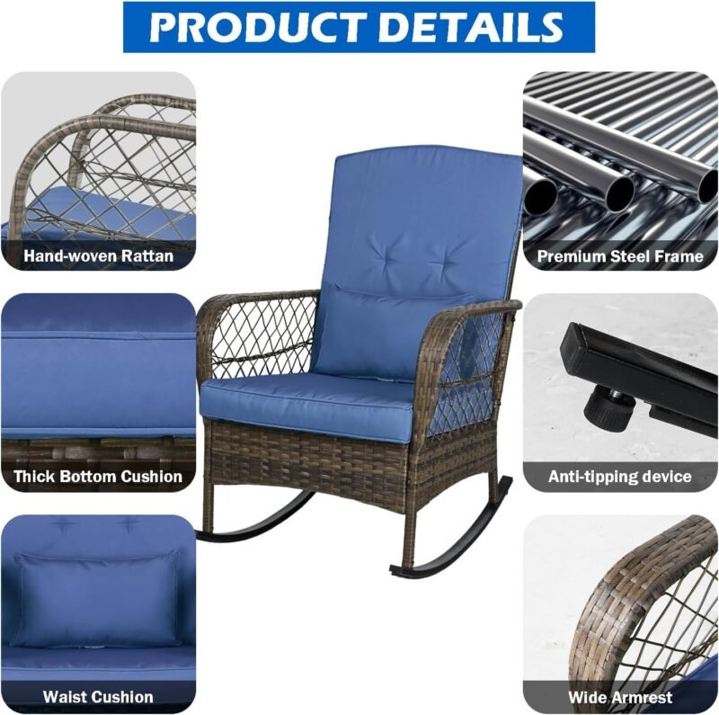ENSTVER 3 Pieces Patio Conversation Set w/ 2 Rattan Wicker Rocking Chairs and Glass Table,for Garden Backyard Lown Porch(Dark Blue) - Imagen 3