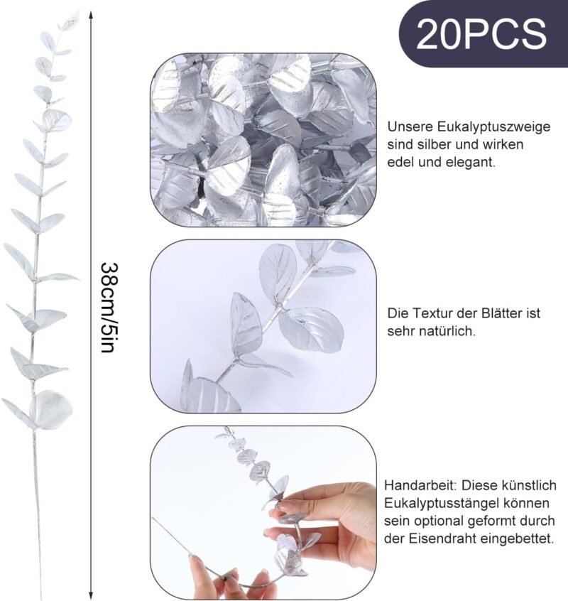 LWAIX Hojas de Eucalipto Artificial Tallos Artificiales de Eucalipto 20pcs Ramas Artificiales Eucalipto para Decoración de Hogar Oficina Bodas (20, Plata) - Imagen 2