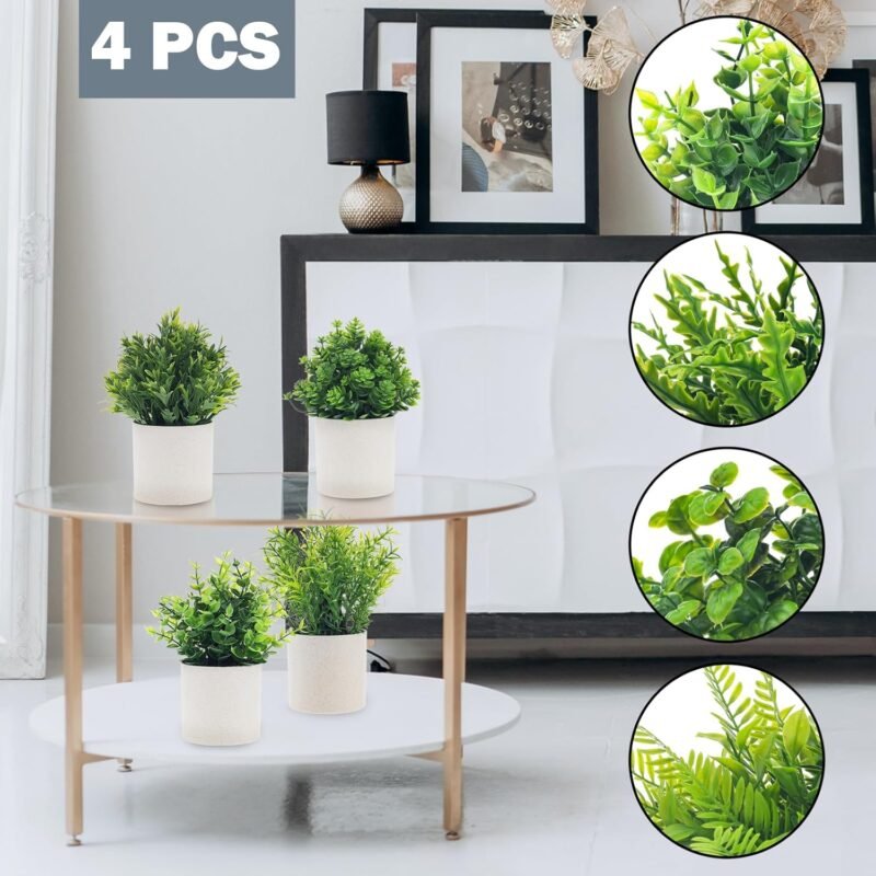 Quancru 4 Piezas Planta Artificial en Maceta Eucalipto Falso Romero Helechos Flocked Greenery Flor Decoración para el hogar Bonsai DIY Oficina Mesa - Imagen 6