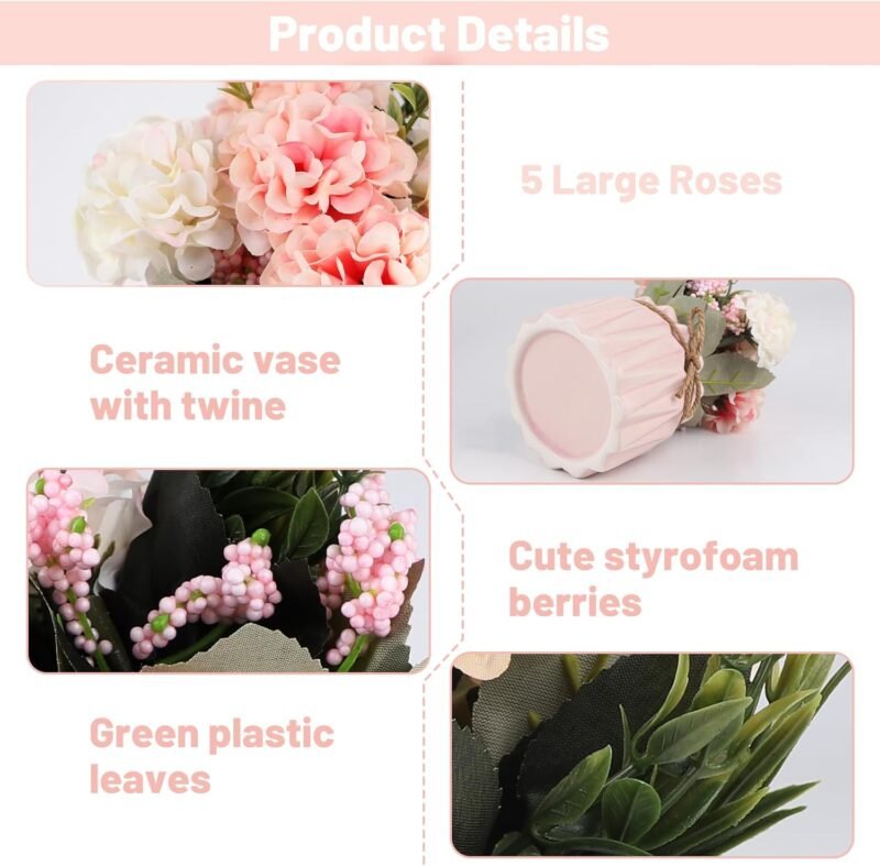 DBREAKS 2PCS Flores Artificiales en Maceta, hortensias Flores Artificiales con jarrón de cerámica, Plantas de Flores Artificiales, Flores de decoración de Mesa para Sala de Estar, Oficina,Rosa Blanco - Imagen 4