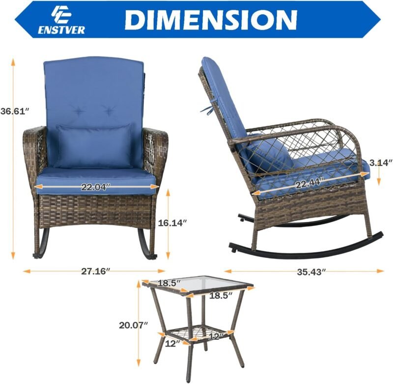 ENSTVER 3 Pieces Patio Conversation Set w/ 2 Rattan Wicker Rocking Chairs and Glass Table,for Garden Backyard Lown Porch(Dark Blue) - Imagen 8