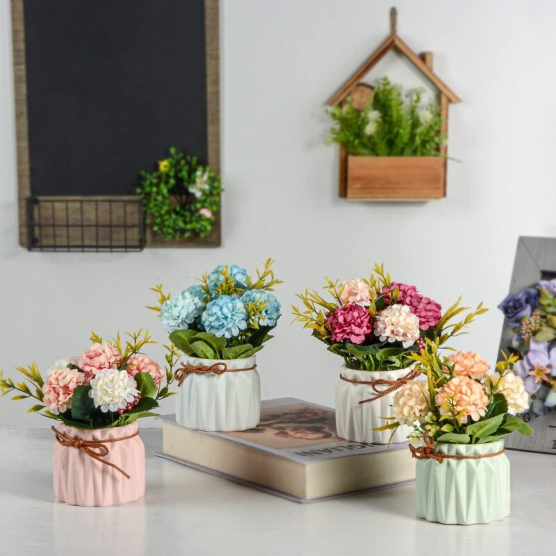 Plantas de Flores Artificiales - Mini Flores de hortensias Falsas en Maceta para decoración del hogar Fiesta Boda Oficina Mesa Decoración de Escritorio, 4 Piezas - Imagen 6