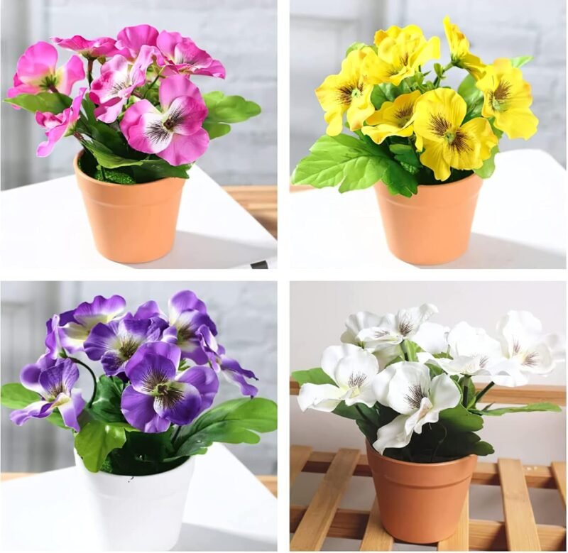 Qyjhska Plantas Artificiales de Maceta 4 Piezas,Flores Artificiales Decoración,Planta Artificial Pequeña con Maceta,Ideales para la Decoración de la Casa, Cocinas, Oficinas y Exteriores (Mezclado)