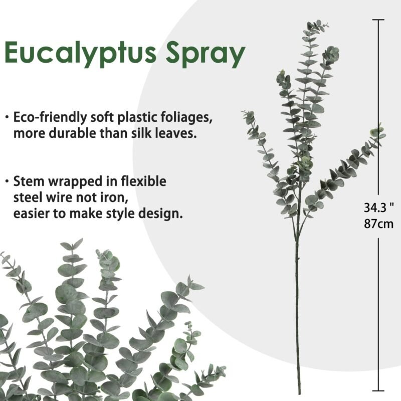 3 PCS (15 Ramas) Plantas de eucalipto artificial, Decoraciones de plantas de eucalipto artificial con 5 cabezas de rama, Flor seca de eucalipto decorativa para decoración del hogar, Altura 87cm - Imagen 5