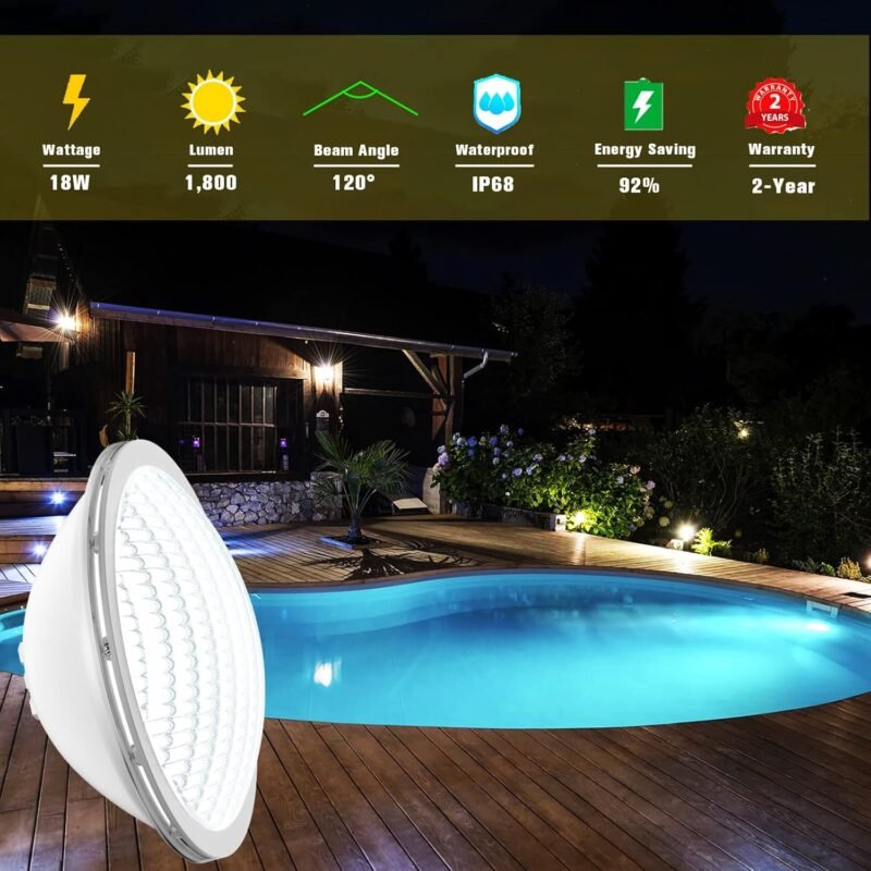 LyLmLe LED Piscina PAR56,18W Foco LED Piscina Sumergible Iluminación LED Empotrados, 1800lm, Ángulo de 120 °, Impermeable IP68, 12V DC/AC, 6000K - Imagen 2
