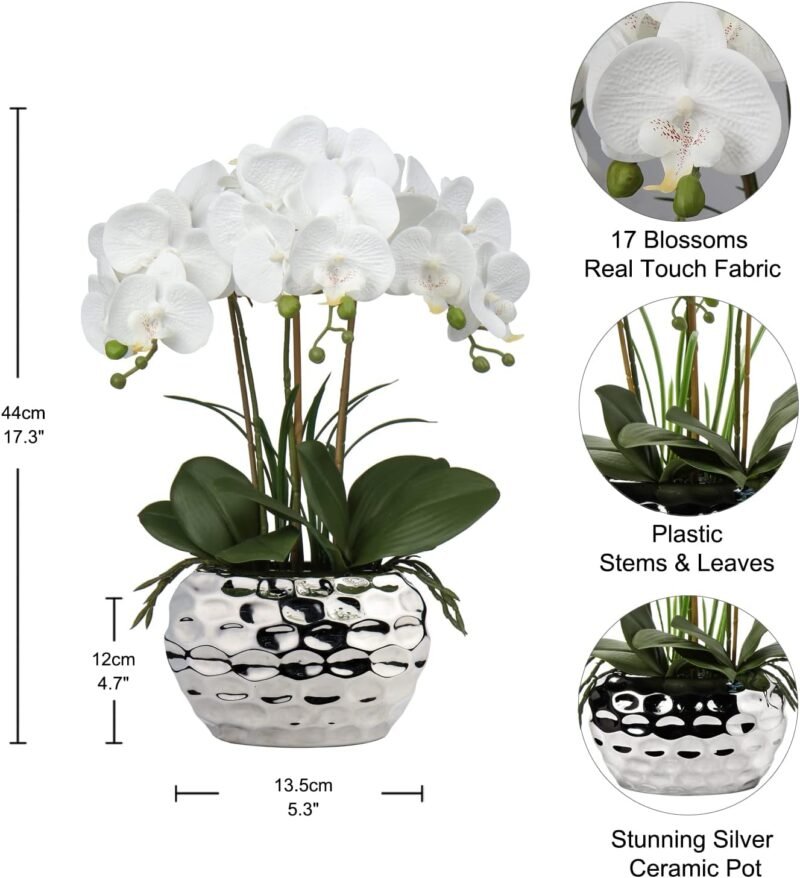 Oairse Planta Artificial orquídeas Decorativas como Flores Reales Ligero Maceta de cerámica decoración de Mesa alféizar de Ventana Altura 44 cm Blanco - Imagen 4