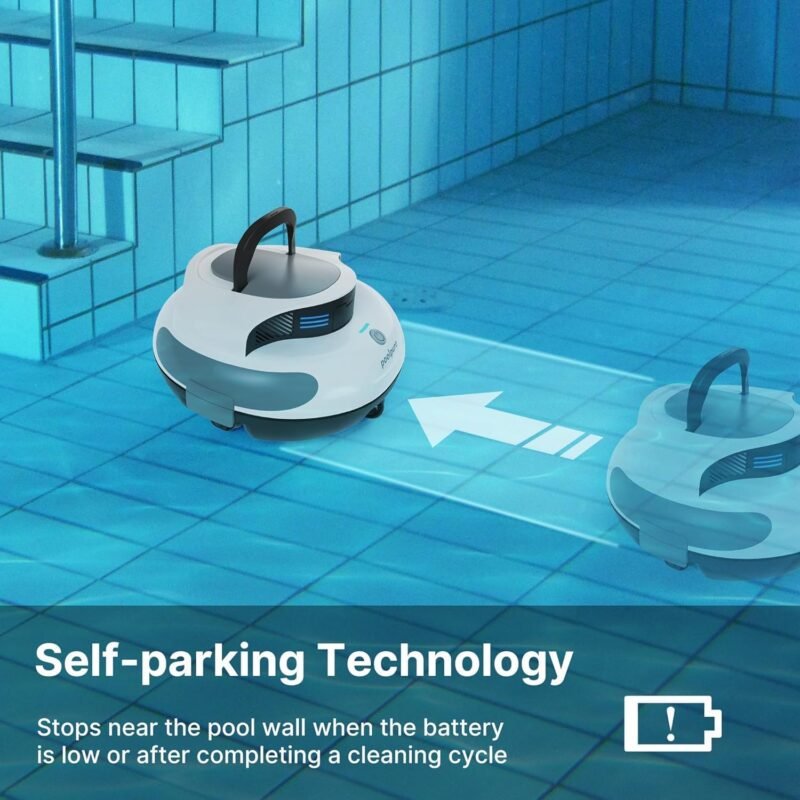 POOLPURE Robot de Piscina Dura 𝟱𝟱𝙒𝙝-𝟭𝟮𝟬 𝙢𝙞𝙣𝙪𝙩𝙤𝙨, Autoservicio, Doble Motor, IPX8 Resistente al Agua, Indicadores LED, inalámbrico con batería, Ideal para Piscinas Planas de hasta 90 m² - Imagen 2