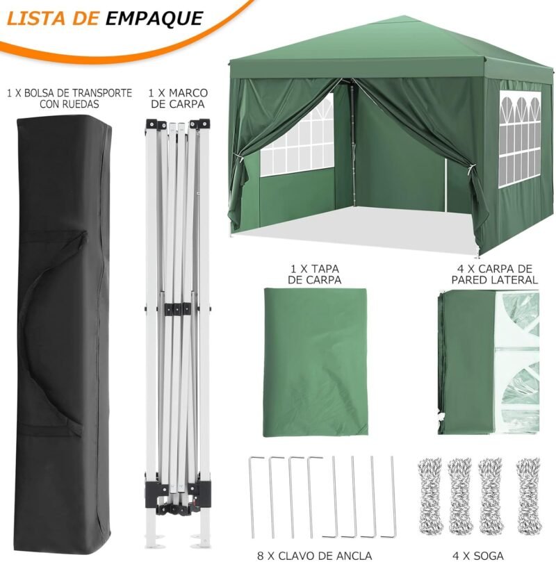 YUEBO Carpa Plegable 3x3 con 4 Laterales Cenador Impermeables Exterior Protección UV 50 Pop Up Gazebo Playa Cenadores para Jardin,Terraza,Camping, Verde - Imagen 6