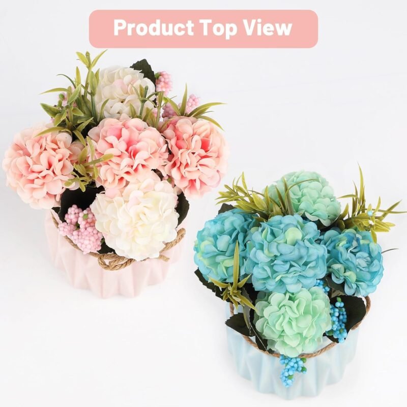 DBREAKS 2PCS Flores Artificiales en Maceta, hortensias Flores Artificiales con jarrón de cerámica, Plantas de Flores Artificiales, Flores de decoración de Mesa para Sala de Estar, Oficina,Rosa Blanco - Imagen 3