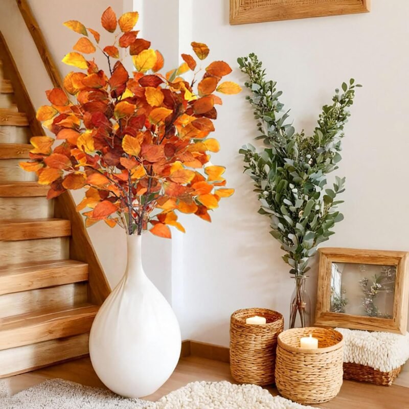SNAIL GARDEN 2 paquetes de plantas artificiales de otoño de 100 cm de largo, plantas artificiales naranjas de eucalipto sintético para decoración de otoño, hojas de eucalipto de otoño con tallo para - Imagen 7