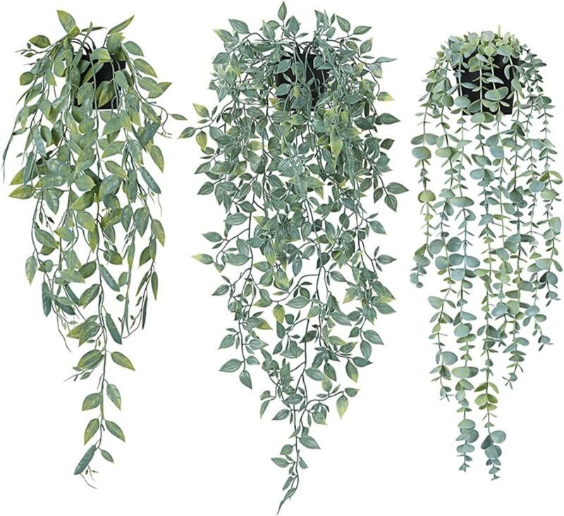 Plantas Artificiales Decorativas, 3 Pieza Plantas Artificiales Colgantes en Maceta, Eucalipto Artificial Plantas, Falsa Planta Colgante Vertical, Planta Colgante Simulación con Macetas para Decoración