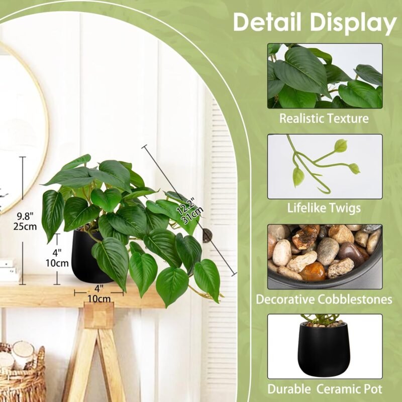 Hollyone Plantas artificiales en maceta de cerámica negra, jade pothos, plantas decorativas artificiales en maceta, plantas artificiales como verdaderas, plantas de interior artificiales con macetas - Imagen 2