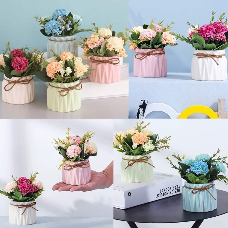 Plantas de Flores Artificiales - Mini Flores de hortensias Falsas en Maceta para decoración del hogar Fiesta Boda Oficina Mesa Decoración de Escritorio, 4 Piezas - Imagen 5