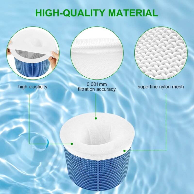 Flintronic 22PCS Calcetines Skimmer Piscina, Filtros de Skimmer, Calcetines Reutilizables de Malla de Nailon para Filtro de Piscina,con Papel de Prueba de PH, para Capturar Hojas,Cabello,Basura-Blanco - Imagen 3