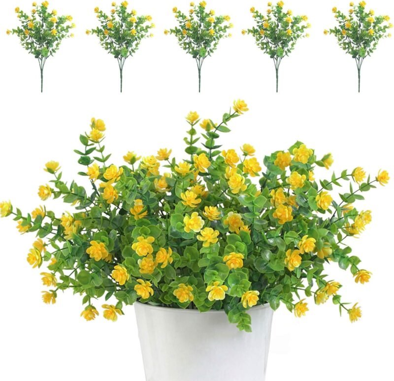TSHAOUN 5 Piezas Flores Artificiales Flor Falsas,Arbustos Verdes Resistentes a Los Rayos UV Plantas para Colgar en Interiores y Exteriores,para Casa Jardín Ventana Fiesta Boda Decoración (Amarillo)