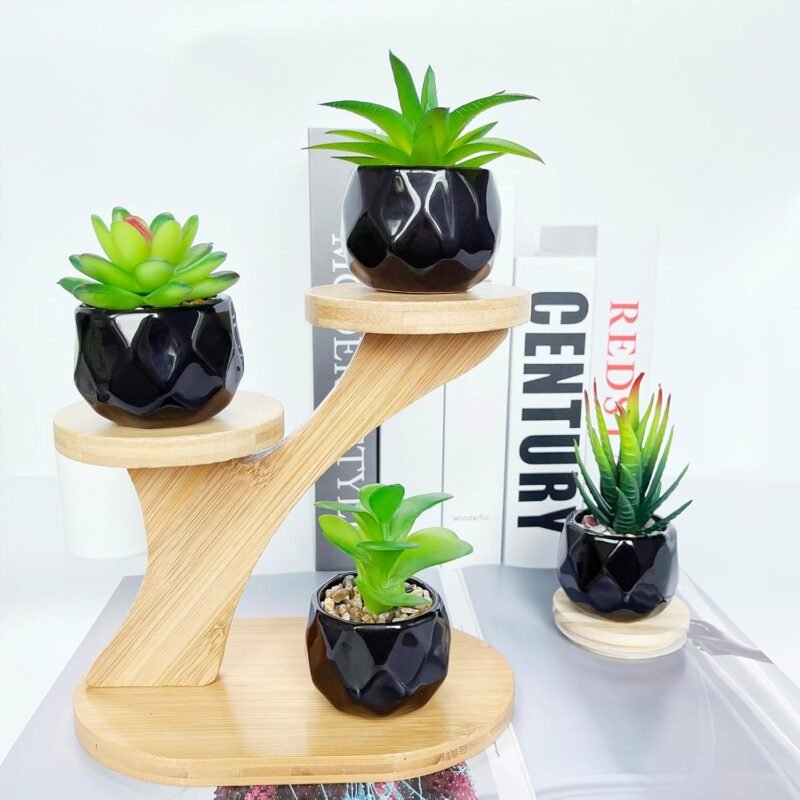 Plantas suculentas artificiales en maceta para interiores, juego de 4 pequeñas plantas falsas en maceta de cerámica negra, hogar, oficina - Imagen 3