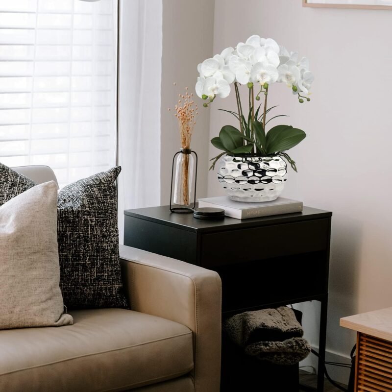 Oairse Planta Artificial orquídeas Decorativas como Flores Reales Ligero Maceta de cerámica decoración de Mesa alféizar de Ventana Altura 44 cm Blanco - Imagen 3