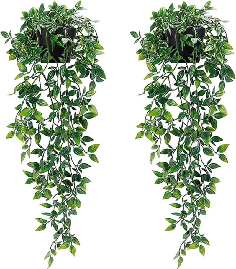 Plantas Artificiales Colgantes de Plástico Helecho, 2 Piezas Corona de Hiedra Falsa Planta, Plantas Artificiales Decorativas Exteriores Interiores, Falso Colgante de Plantas para Habitación