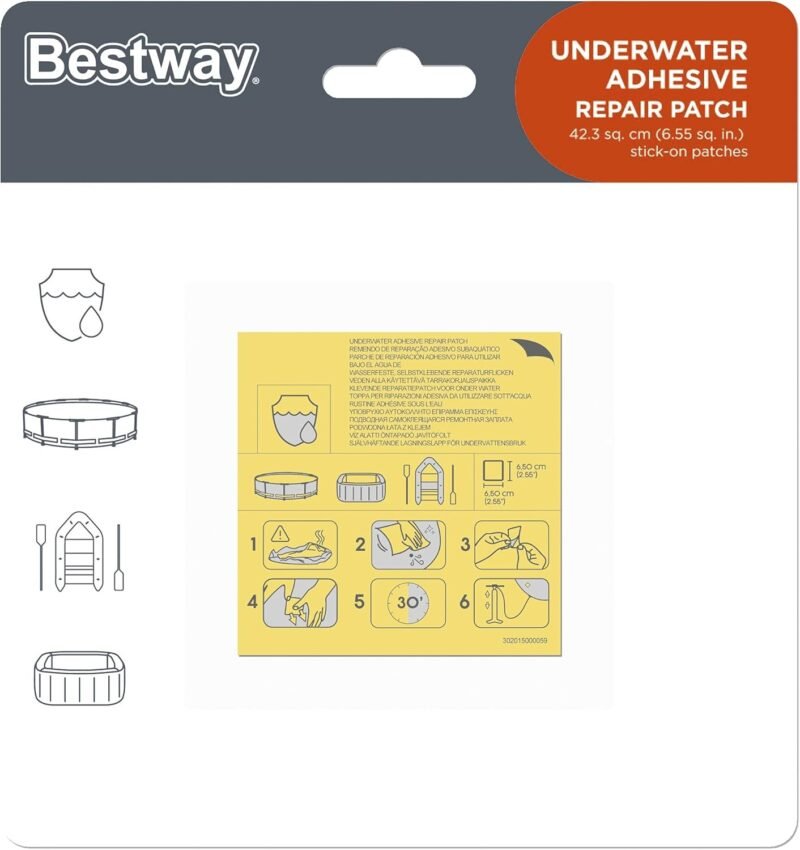 Bestway – Parches de reparación para Piscinas Desmontables, hinchables y Metal Frame. Reparación bajo el Agua. No es Necesario vaciar la Piscina. Resistentes. Paquete 10 Parches Cuadrados de 6,5 cm. - Imagen 3
