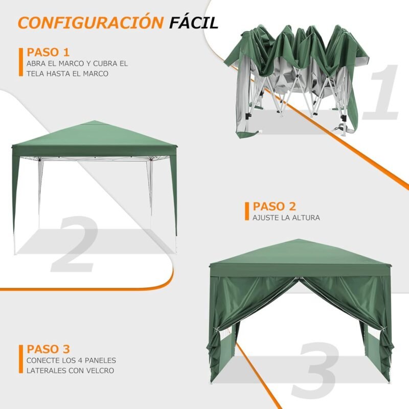 YUEBO Carpa Plegable 3x3 con 4 Laterales Cenador Impermeables Exterior Protección UV 50 Pop Up Gazebo Playa Cenadores para Jardin,Terraza,Camping, Verde - Imagen 4